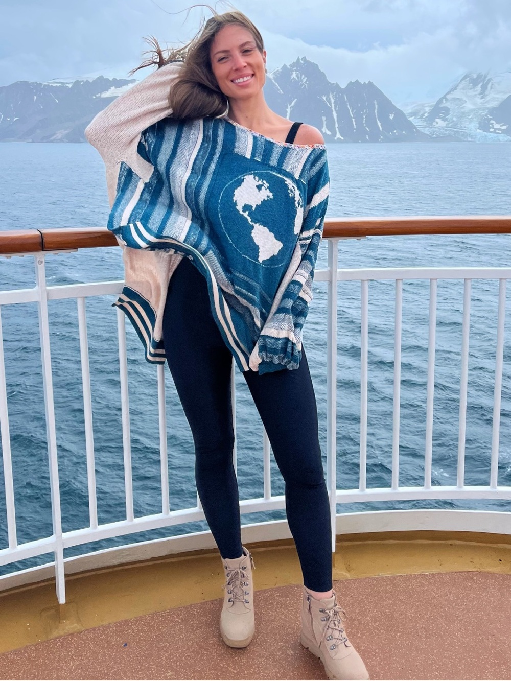 Free People Teal and Cream Earth Graphic Oversized Sweater